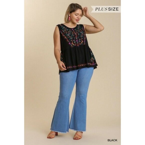 New Umgee Tank Top Black Floral Embroidered Sleeveless Plus Size Boho Peasant - Picture 2 of 9